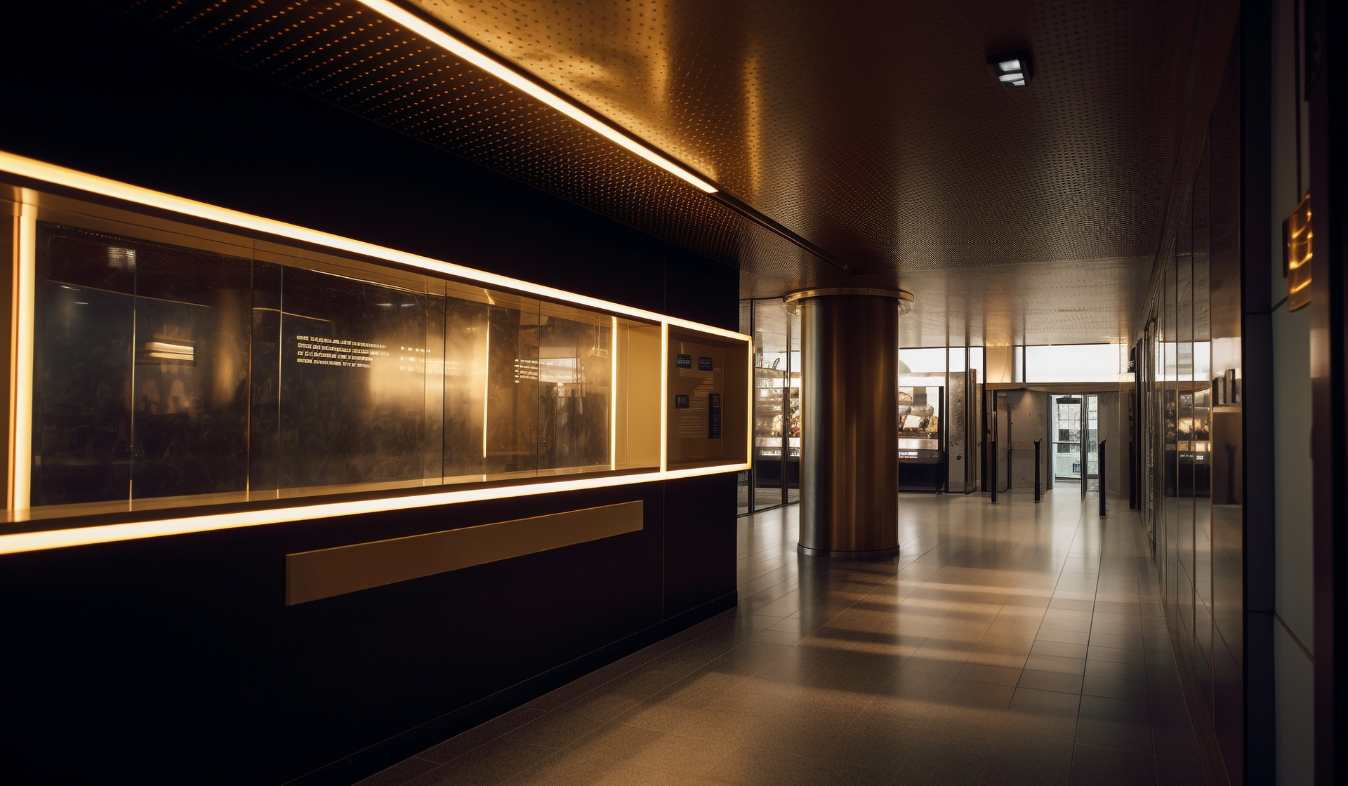 Retail interior with warm-gold LED strip lighting along display cases and ceiling, illuminating polished floors and glass storefront